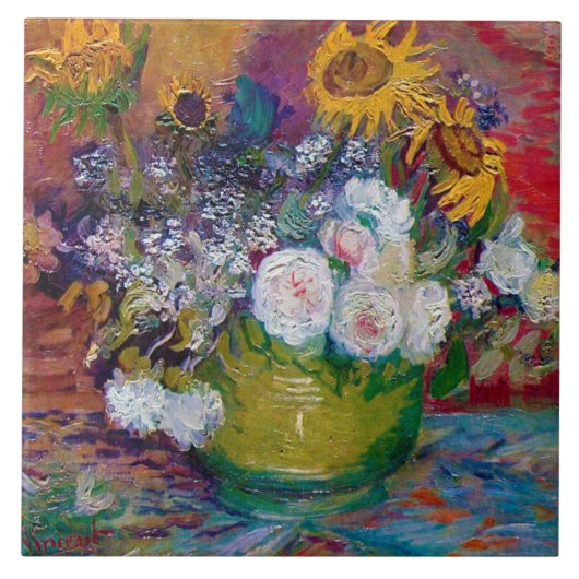 Bowl met bloemen, Van Gogh Tegeltje (Voorkant)