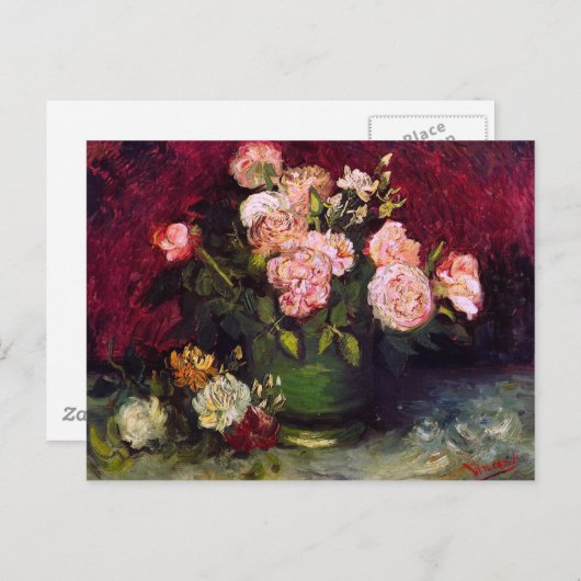 Bowl met pony's en Rozen Van Gogh Fine Art Briefkaart (Voorkant / Achterkant)