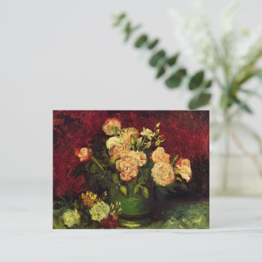 Bowl met volken en Rozen van Vincent van Gogh Briefkaart (Staand voorkant)