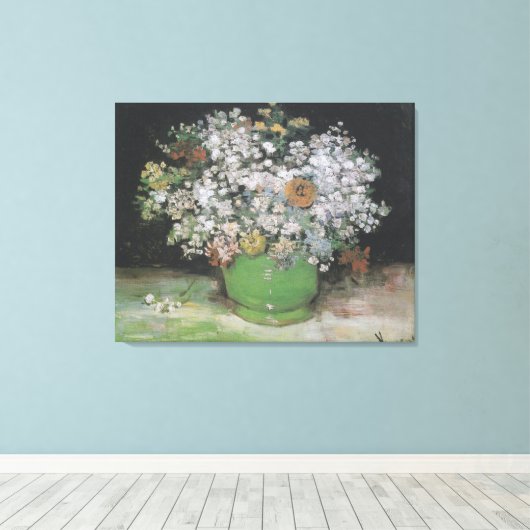 Bowl met Zinnias en andere bloemen Canvas Afdruk (Insitu (Houten vloer))