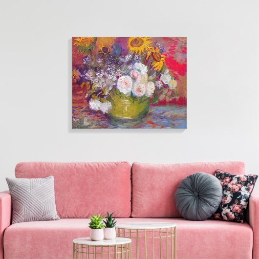 Bowl met zonnebloemen en Rozen van Vincent van Gog Canvas Afdruk (Insitu (Woonkamer))