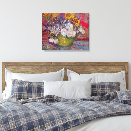 Bowl met zonnebloemen en Rozen van Vincent van Gog Canvas Afdruk (Insitu (Slaapkamer))