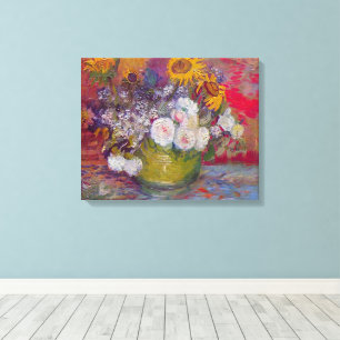 Bowl met zonnebloemen en Rozen van Vincent van Gog Canvas Afdruk