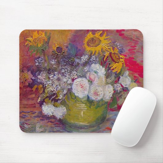 Bowl met zonnebloemen en Rozen van Vincent van Gog Muismat (Met muis)