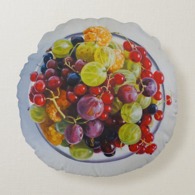 Bowl of Berries - Hyperrealistische Fruit Stilleve Rond Kussen (Voorkant)