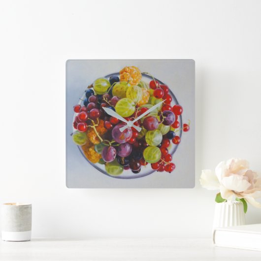 Bowl of Berries - Hyperrealistische Fruit Stilleve Vierkante Klok (Huis)