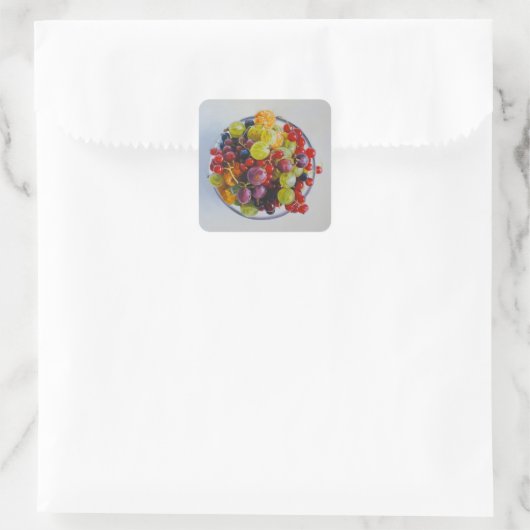 Bowl of Berries - Hyperrealistische Fruit Stilleve Vierkante Sticker (Tas)