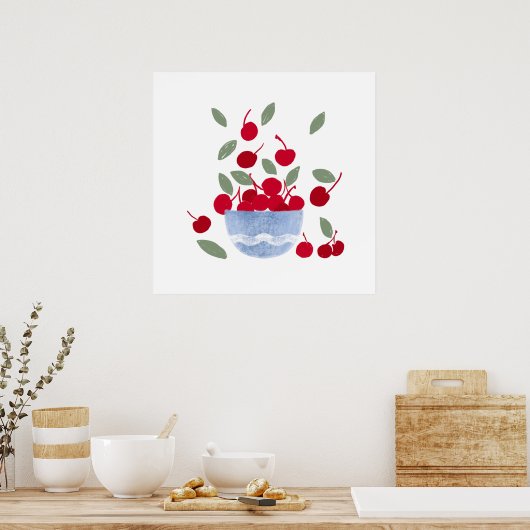 Bowl of Cherries Watercolor  Poster (Keuken)