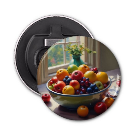 Bowl van fruit op tafel klassieke olieverfschilder button flesopener (Voorkant)