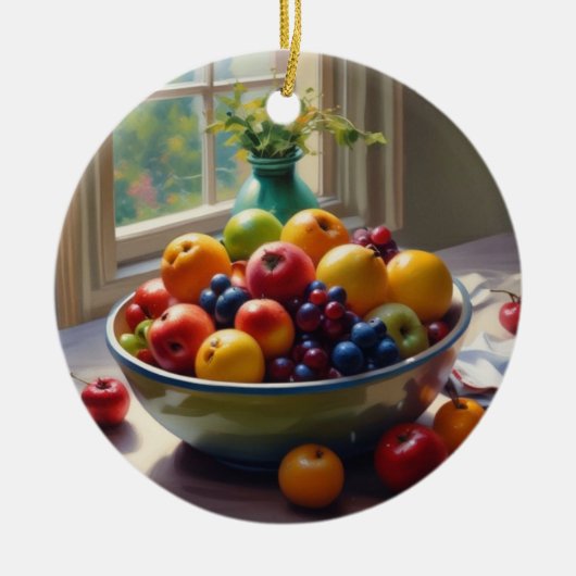 Bowl van fruit op tafel klassieke olieverfschilder keramisch ornament (Voorkant)