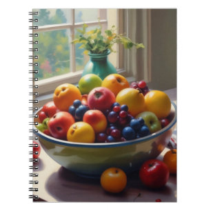 Bowl van fruit op tafel klassieke olieverfschilder notitieboek