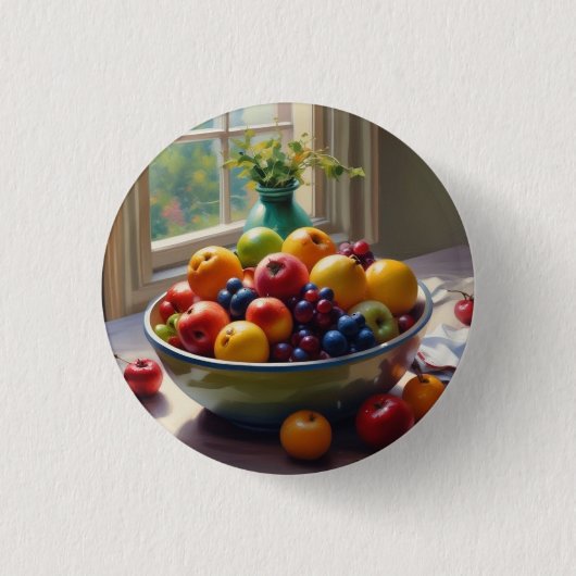 Bowl van fruit op tafel klassieke olieverfschilder ronde button 3,2 cm (Voorkant)
