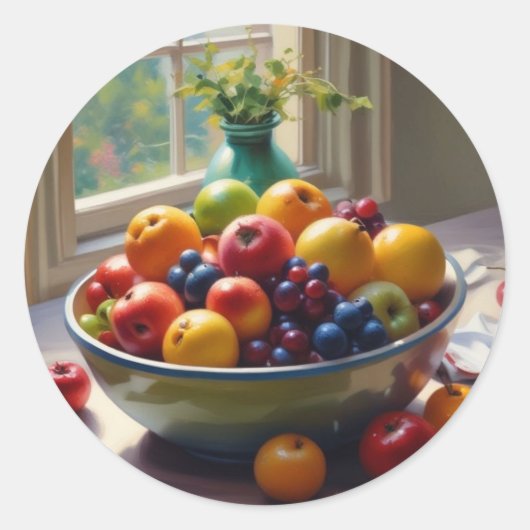 Bowl van fruit op tafel klassieke olieverfschilder ronde sticker (Voorkant)