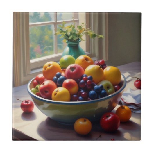 Bowl van fruit op tafel klassieke olieverfschilder tegeltje (Voorkant)