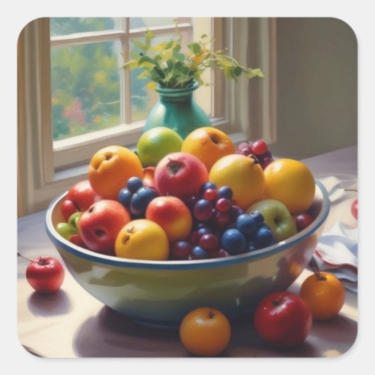 Bowl van fruit op tafel klassieke olieverfschilder vierkante sticker (Voorkant)