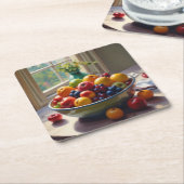 Bowl van fruit zittend op een tafel olieverfschild kartonnen onderzetters (Schuin)