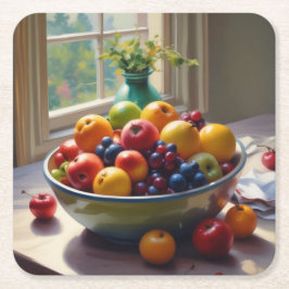 Bowl van fruit zittend op een tafel olieverfschild kartonnen onderzetters