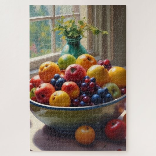Bowl van fruit zittend op een tafel olieverfschild legpuzzel (Verticaal)