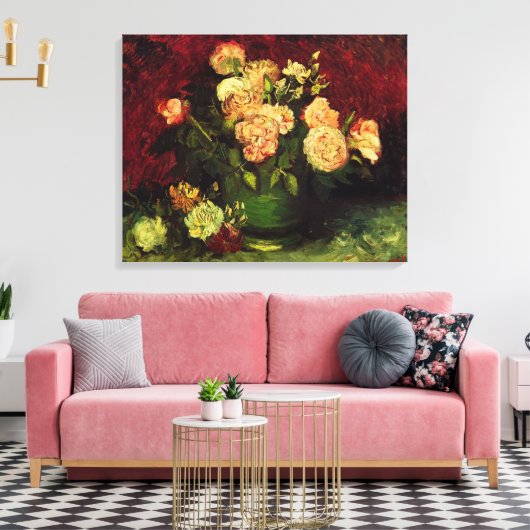 Bowl van Peonies en Roos, Vincent van Gogh. Canvas Afdruk (Insitu (Woonkamer))