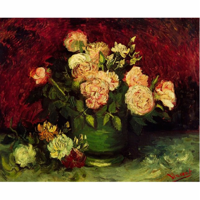Bowl van Peonies en Roos, Vincent van Gogh. Wereld Staand Fotobeeldje (Voorkant)