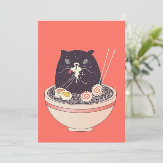 Bowl van ramen en zwarte kat feestdagenkaart (Staand voorkant)