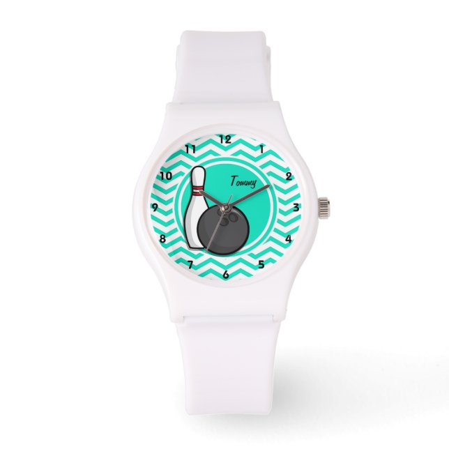 Bowlen; Aqua Green Chevron Horloge (Voorkant)