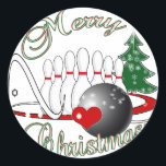 BOWLER/BOWLING MERRY CHRISTMAS RONDE STICKER<br><div class="desc">De Groeten van het seizoen met dit Merry Kerstontwerp voor bowlers - met bowlingbal,  bowlingspeldenspellen,  een kerstboom en heel veel spetters.</div>