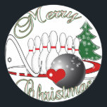 BOWLER/BOWLING MERRY CHRISTMAS RONDE STICKER<br><div class="desc">De Groeten van het seizoen met dit Merry Kerstontwerp voor bowlers - met bowlingbal,  bowlingspeldenspellen,  een kerstboom en heel veel spetters.</div>