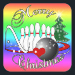 BOWLER/BOWLING MERRY CHRISTMAS VIERKANTE STICKER<br><div class="desc">De Groeten van het seizoen met dit Merry Kerstontwerp voor bowlers - met bowlingbal,  bowlingspeldenspellen,  een kerstboom en heel veel spetters.</div>