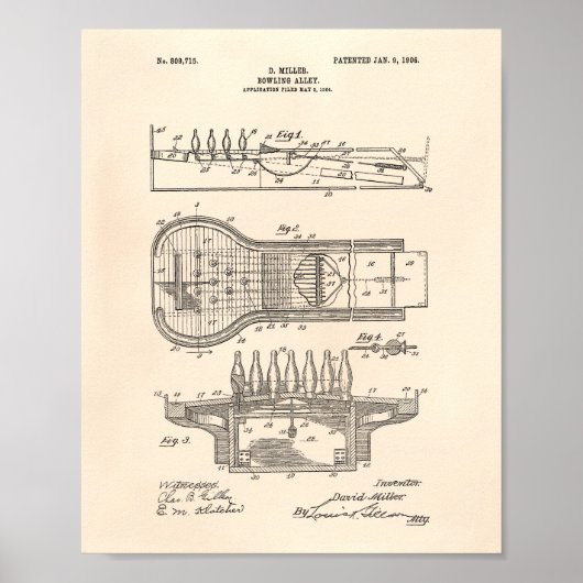 Bowling Alley 1906 Patent Art Old Peper Poster (Voorkant)
