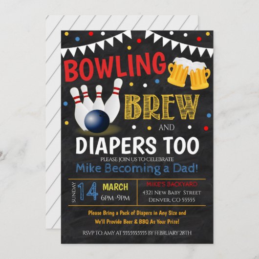 Bowling and Beer Baby shower Invitation Chalkboard Kaart (Voorkant / Achterkant)