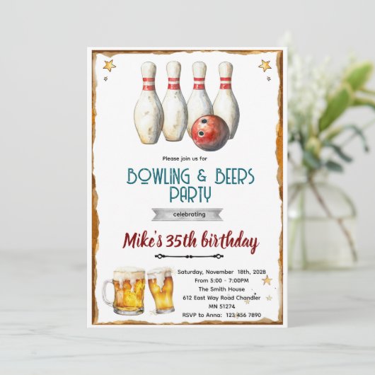 Bowling and beer party Invitation Kaart (Staand voorkant)