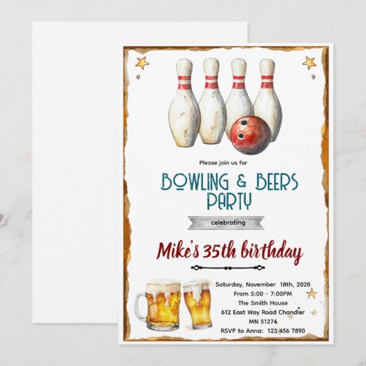 Bowling and beer party Invitation Kaart (Voorkant / Achterkant)