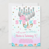 Bowling and unicorn girl birthday invite. kaart (Voorkant)