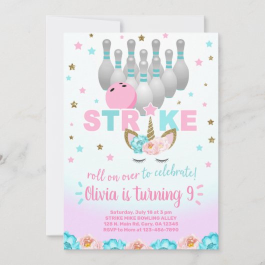 Bowling and unicorn girl birthday invite. kaart (Voorkant)