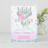 Bowling and unicorn girl birthday invite. kaart (Staand voorkant)