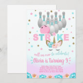 Bowling and unicorn girl birthday invite. kaart (Voorkant / Achterkant)