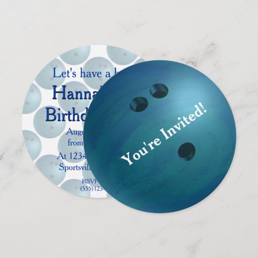 Bowling Ball Blue Party-uitnodiging Kaart (Voorkant / Achterkant)