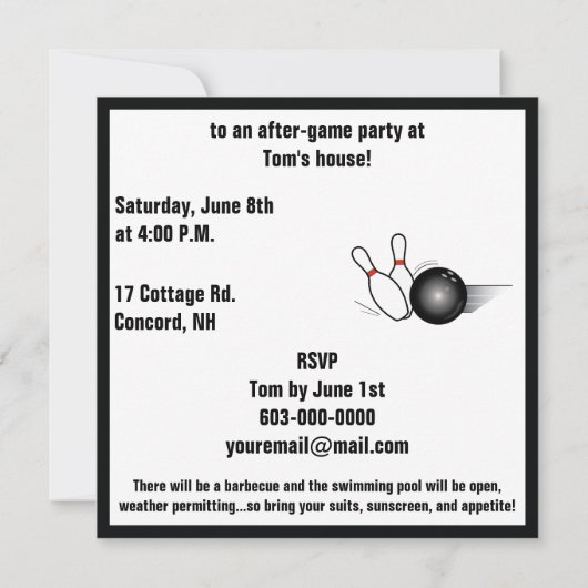 Bowling Ball en Pins After Game Party nodigen Kaart (Achterkant)