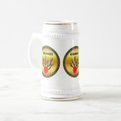 Bowling ball en spelden met het woord STRIKEOLOGIS Bierpul (Voorkant links)