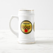 Bowling ball en spelden met het woord STRIKEOLOGIS Bierpul (Links)