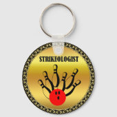 Bowling ball en spelden met het woord STRIKEOLOGIS Sleutelhanger (Voorkant)