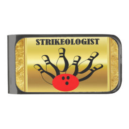 Bowling ball en spelden met het woord STRIKEOLOGIS Verbronsde Geldclip