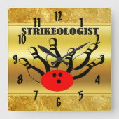 Bowling ball en spelden met het woord STRIKEOLOGIS Vierkante Klok (Voorkant)