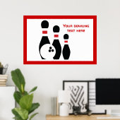 Bowling ball en spelden zwart rood poster (Thuiskantoor)
