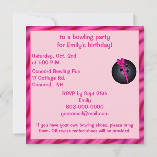 Bowling Ball met uitnodiging van Bow Birthday (Achterkant)