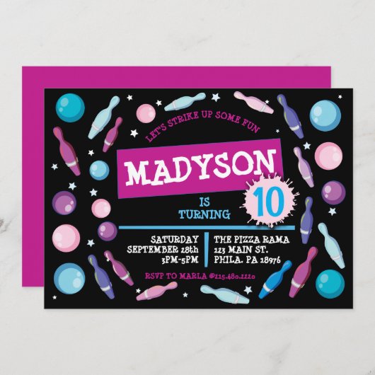 BOWLING BALL NEON Verjaardagsfeestuitnodiging Kaart (Voorkant / Achterkant)