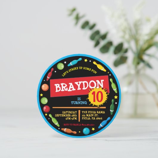 BOWLING BALL NEON Verjaardagsfeestuitnodiging Kaart (Staand voorkant)