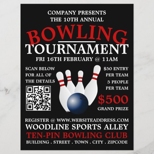 Bowling Ball & Pins, Ten-Pin Bowling Tournament Flyer (Voorkant)