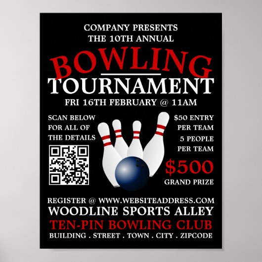 Bowling Ball & Pins, Ten-Pin Bowling Tournament Poster (Voorkant)